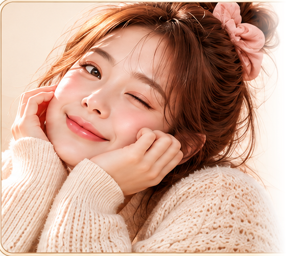 Modelo K-beauty sonriendo con un guiño y las manos en el rostro