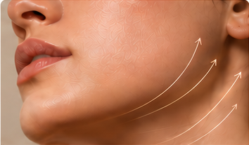 Perfil de mandíbula y cuello con líneas guía doradas